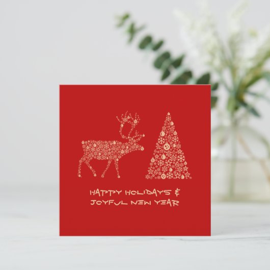 Red greeting card HAPPY HOLIDAYS JOYFUL NEW YEAR Feestdagenkaart (Staand voorkant)