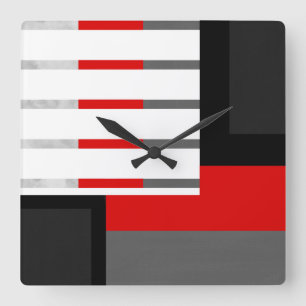 Red Grey Black en White Striped Block Vierkante Klok