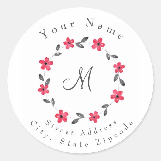"Red Grey Black Waterverf Floral Wreate"-etiket Ronde Sticker (Voorkant)