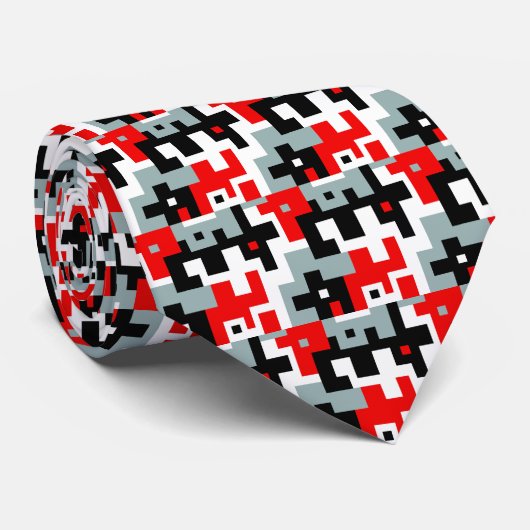 Red Grey Black White Geometric Necktie Stropdas (Opgerold)