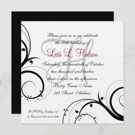 Red Grey Black White Swirls 50th Birthday Kaart (Voorkant / Achterkant)