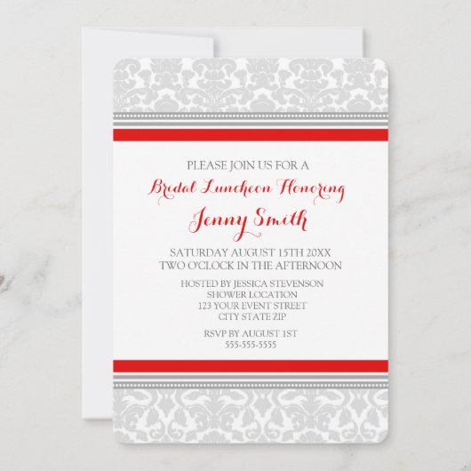 Red Grey Damask Bridal Lunch Invitation Cards Kaart (Achterkant)