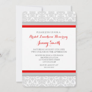 Red Grey Damask Bridal Lunch Invitation Cards Kaart