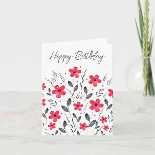 Red Grey Five Petal Waterverf Floral Motif Kaart (Voorkant)