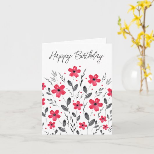 Red Grey Five Petal Waterverf Floral Motif Kaart (Gele Bloem)