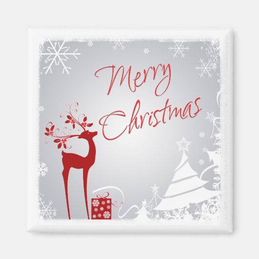 Red Grey Merry kerst Deer, Snowflakes Magnet (Voorkant)