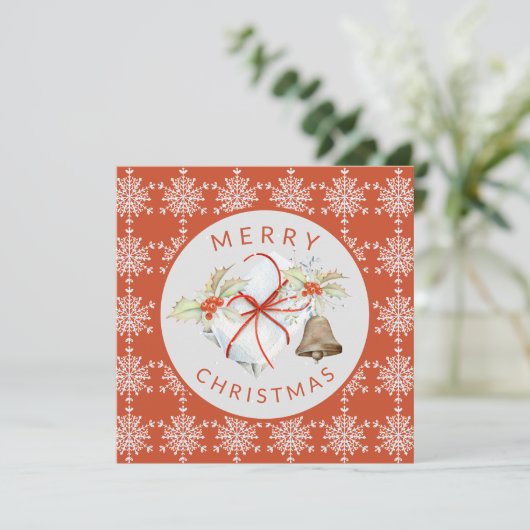 Red Grey Snowflakes Holly en Ivy Merry Kerstmis Feestdagenkaart (Staand voorkant)