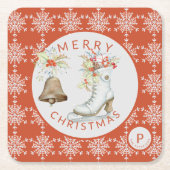 Red Grey Snowflakes Kerstmis Ice Schaats Monogram Kartonnen Onderzetters (Voorkant)