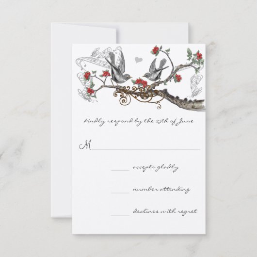 Red Grey  Tortelduifjes Forest Wedding Invite RSVP Kaartje (Voorkant)
