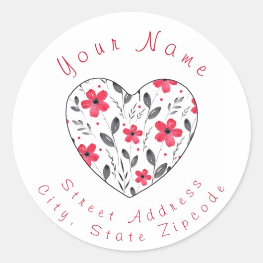 "Red Grey Waterverf Vijf Petal Floral Heart Label (Voorkant)
