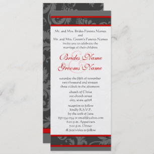 Red Grey White 9x4 Damask Swirl Wedding Invite Kaart