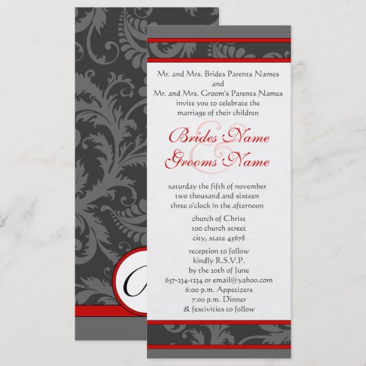 Red Grey White 9x4 Damask Swirl Wedding Invite Kaart (Voorkant / Achterkant)