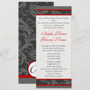 Red Grey White 9x4 Damask Swirl Wedding Invite Kaart