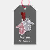 Red Grey Winter Snowflake Holiday Mittens Cadeaulabel (Achterkant)