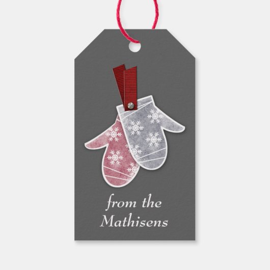 Red Grey Winter Snowflake Holiday Mittens Cadeaulabel (Achterkant)