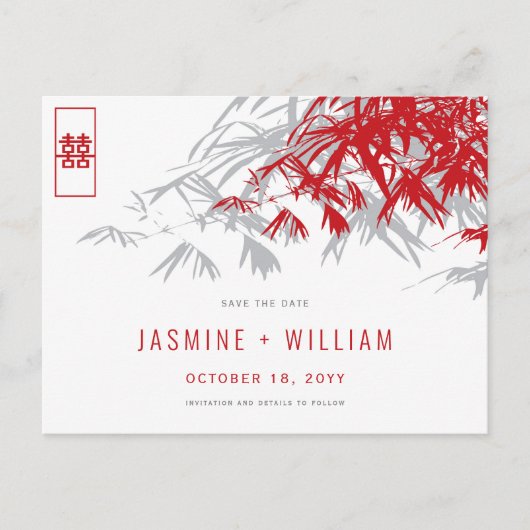 Red Grey Zen Bamboo Chinees huwelijk sparen de dat Aankondigingskaart (Voorkant)