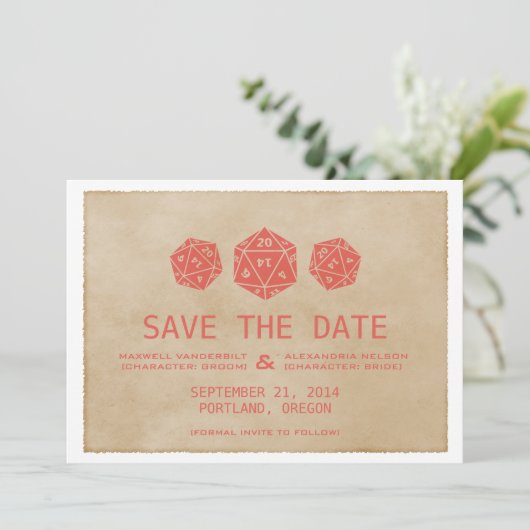 Red Grunge D20 Dice Gamer sparen de Datum Uitnodig Save The Date (Staand voorkant)
