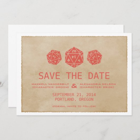 Red Grunge D20 Dice Gamer sparen de Datum Uitnodig Save The Date (Voorkant / Achterkant)