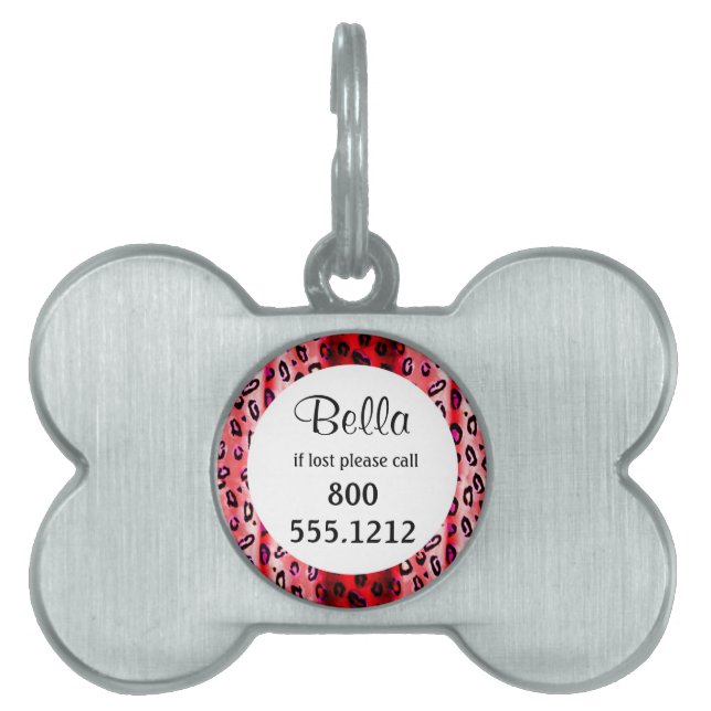 Red Grunge Leopard Pet Identity Label Huisdieren Naamplaatje (voorkant)