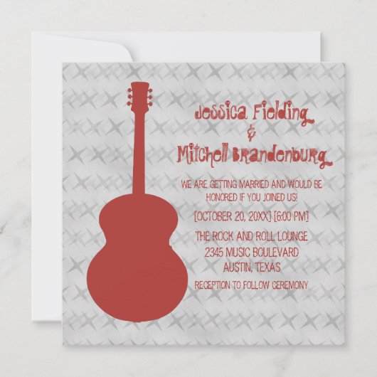 Red Guitar Grunge Wedding Invite Kaart (Voorkant)
