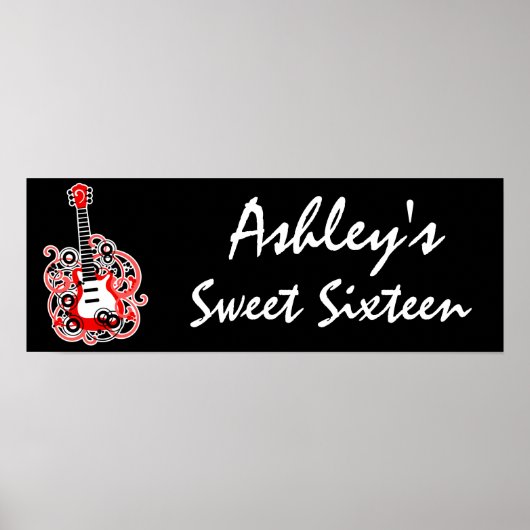 Red Guitar Rock Star Sweet 16 Banner Poster (Voorkant)