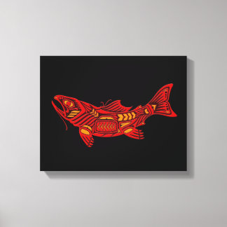 Red Haida Spirit Fish op zwart Canvas Afdruk