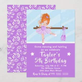 Red Hair Ballerina in Paarse Tutu Birthday Invitat Kaart
