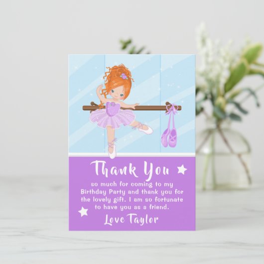 Red Hair Ballerina Paars Birthday Bedankt (Staand voorkant)