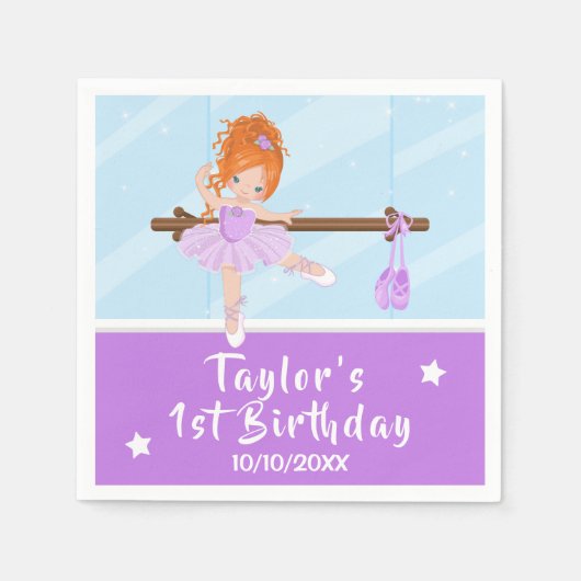 Red Hair Ballerina Paars Tutu Birthday Napkins Servet (Voorkant)
