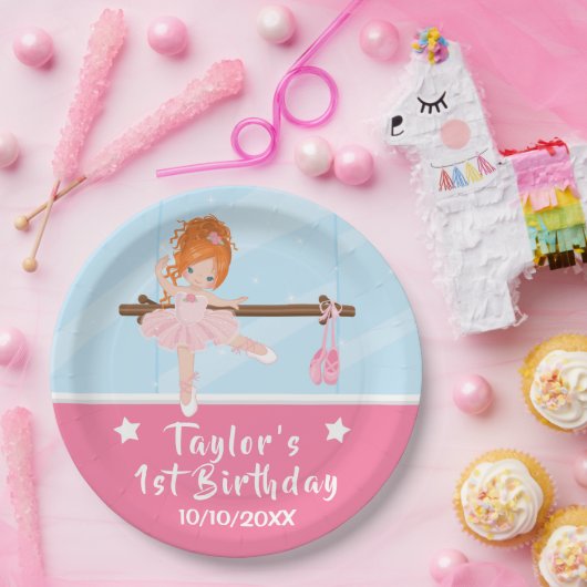 Red Hair Ballerina Pink Tutu Birthday Paper Borden Papieren Bordje (Feest)