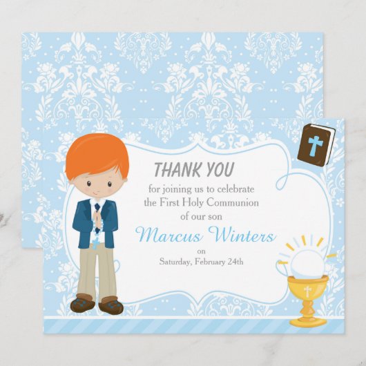 Red Hair Boy Eerste Communie Damast Bedankkaart (Voorkant / Achterkant)