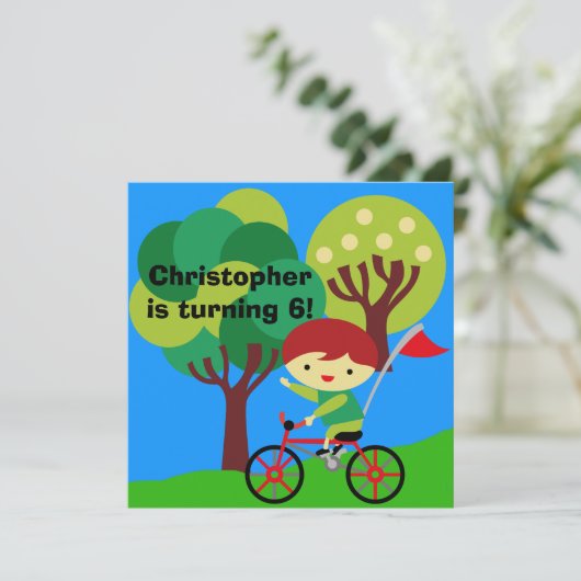 Red Hair Boy op Bicycle Birthday Invitation Kaart (Staand voorkant)