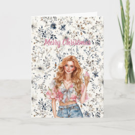 Red Hair Girl Blue Floral Christmas Kaart