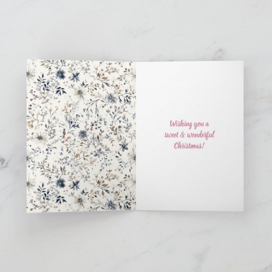 Red Hair Girl Blue Floral Christmas Kaart (Binnen)