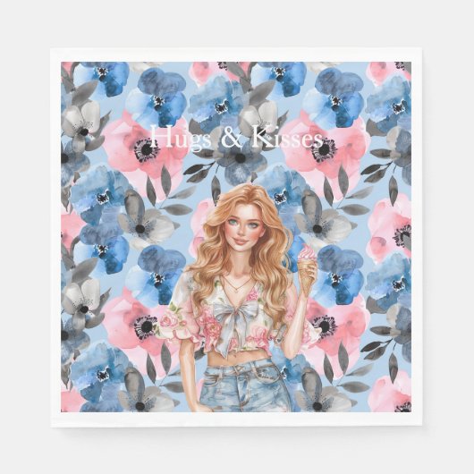 Red Hair Girl Ice Cream Blue Floral Hugs Kisses Servet (Voorkant)