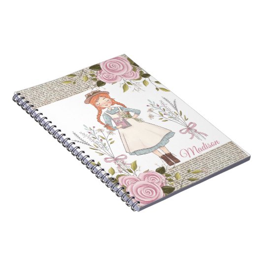 Red Hair Girl Pink Roses  Victoriaans Notitieboek (Rechterzijde)