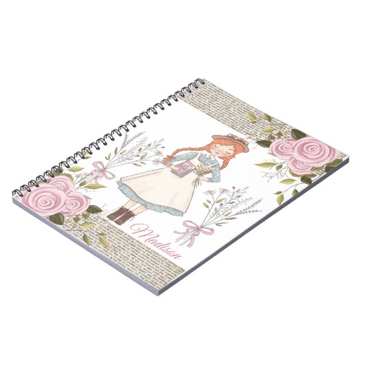 Red Hair Girl Pink Roses  Victoriaans Notitieboek (Linkerzijde)