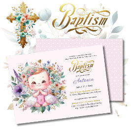 Red Hair Girl's BAPTISM Paarse Gouden Bloemen Krui Kaart