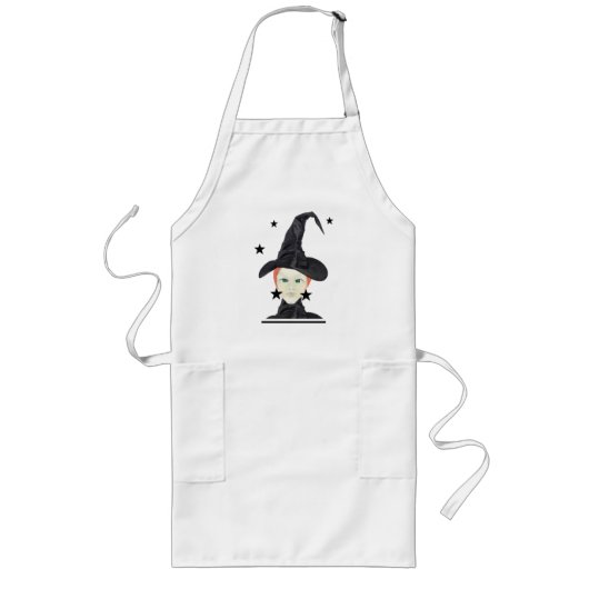 Red Hair Green-oyed heks met zwarte sterren Apron Lang Schort (Voorkant)