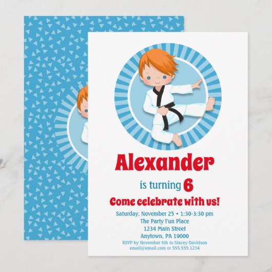 Red Hair Karate Judo Boys Birthday Invitation Kaart (Voorkant / Achterkant)