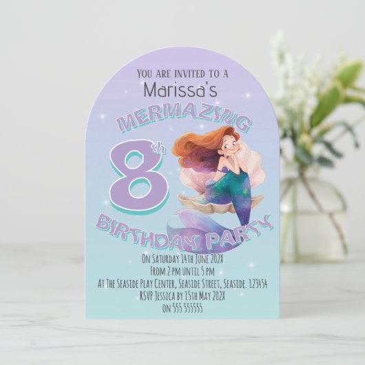Red Hair Mermaid Age Birthday Party Invitation Kaart (Staand voorkant)