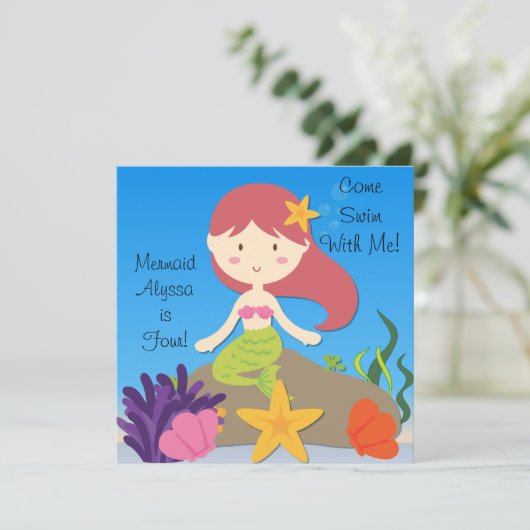 Red Hair Mermaid Custom Birthday Invitation Kaart (Staand voorkant)
