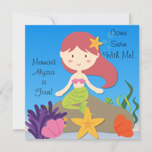 Red Hair Mermaid Custom Birthday Invitation Kaart