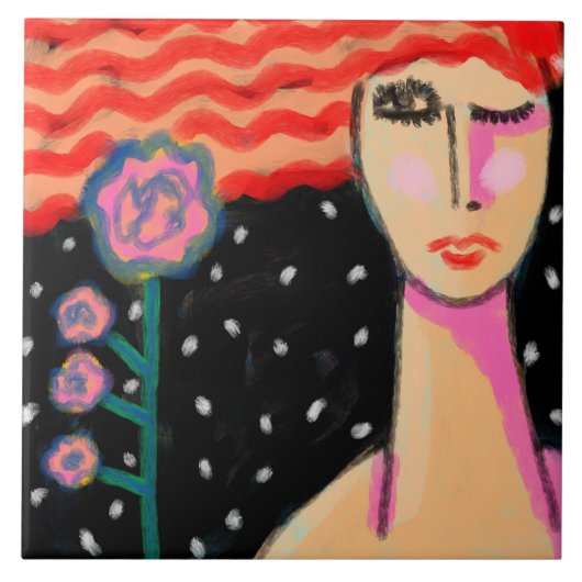 Red Hair Pink Roses Abstract Art Tegeltje (Voorkant)