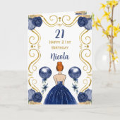 Red Hair Princess Navy Happy Birthday Kaart (Gele Bloem)