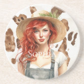 Red Hair Vrouw Koe Animal Print Zandsteen Onderzetter (Voorkant)