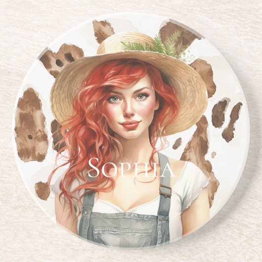 Red Hair Vrouw Koe Animal Print Zandsteen Onderzetter (Voorkant)