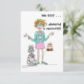 Red haire dame draait om 50 en de protesten bedank bedankkaart (Staand voorkant)