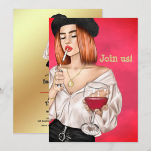 Red Haire French Wine Woman Bachelorette Party Kaart