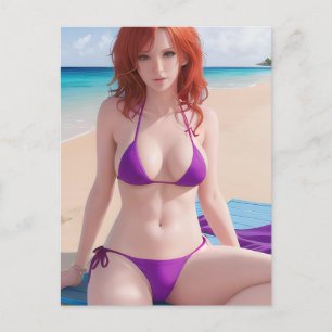 Red Haire Lady in een Paarse Bikini Briefkaart